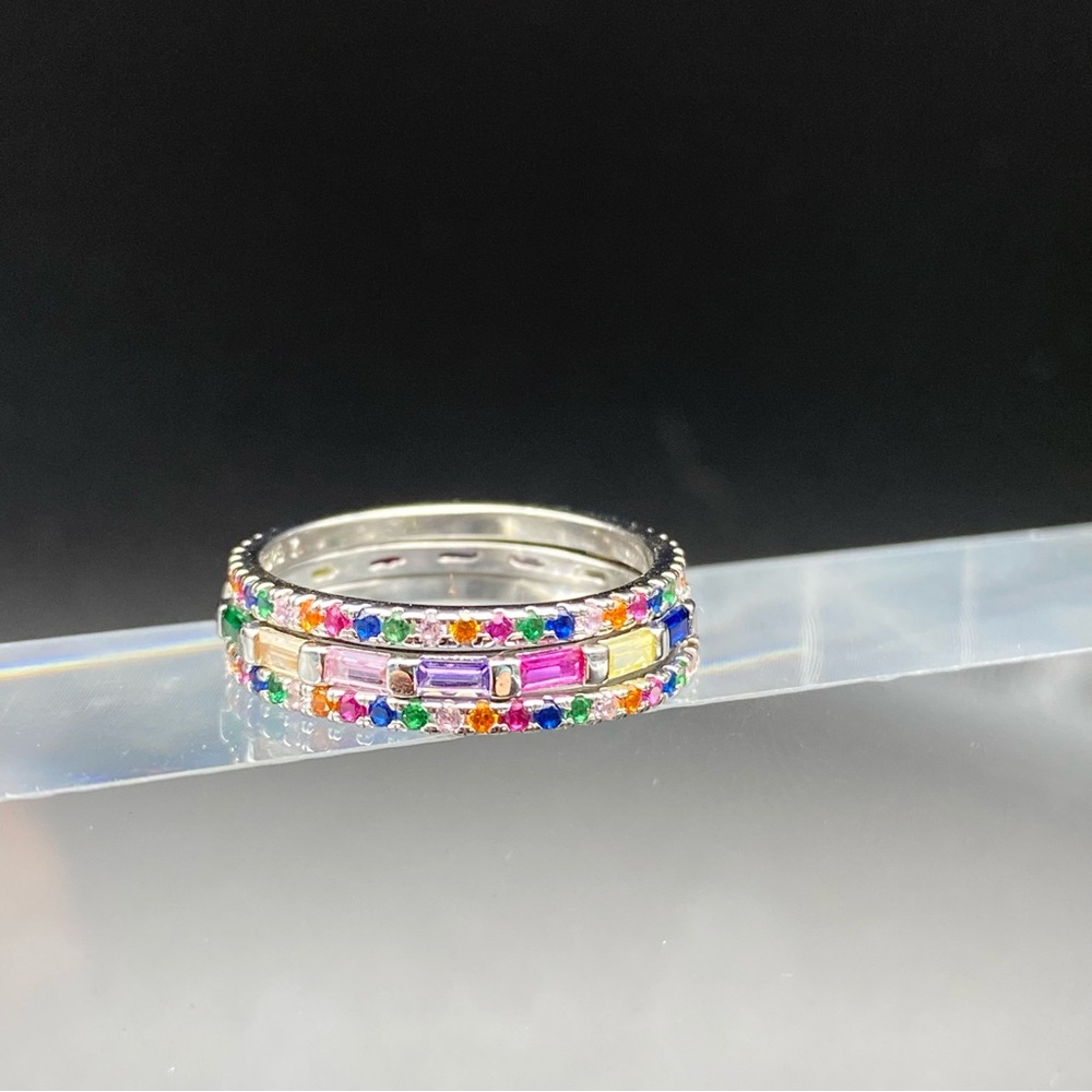 .925 Sterling Silver Multicolor Gemstone Eternity Band Rings - Picture 2 of 6